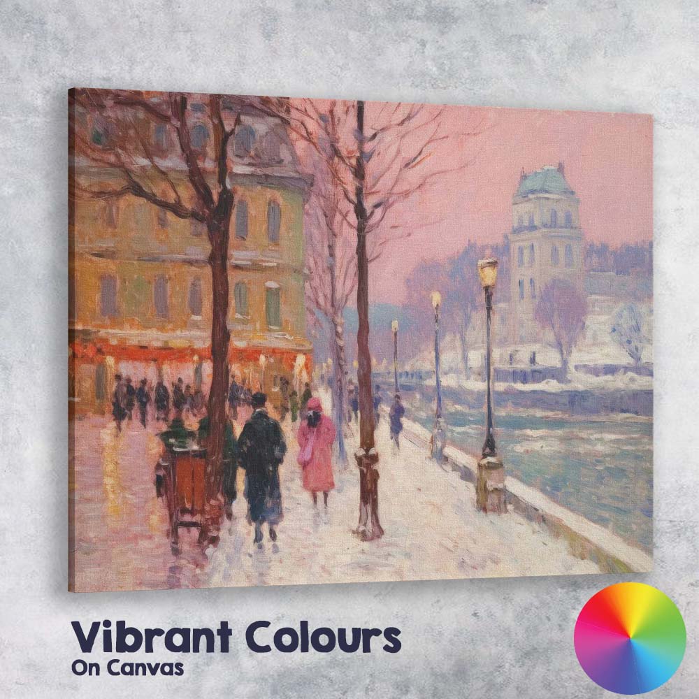 Romantic Snowy European City Street Winter Impressionist Landscape Canvas Wall Art Print Decor Picture Ready to Hang