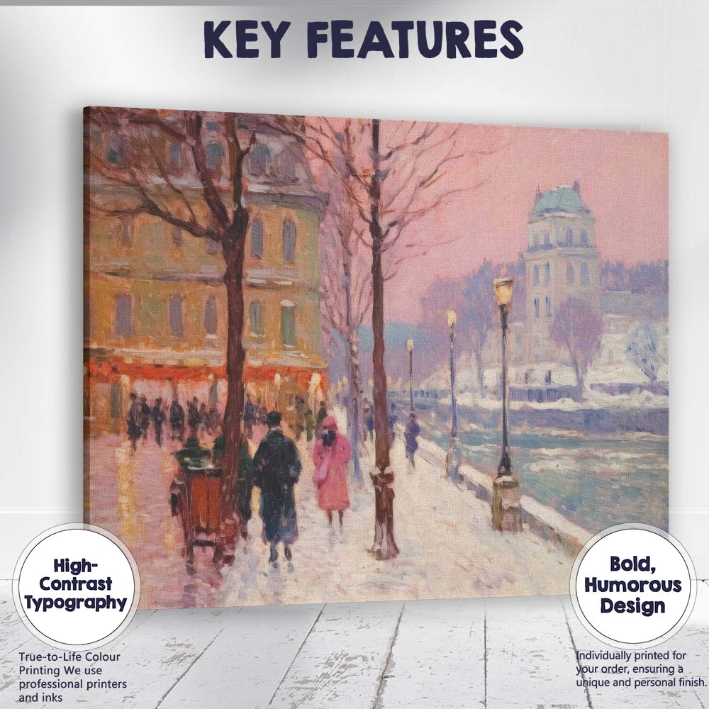 Romantic Snowy European City Street Winter Impressionist Landscape Canvas Wall Art Print Decor Picture Ready to Hang