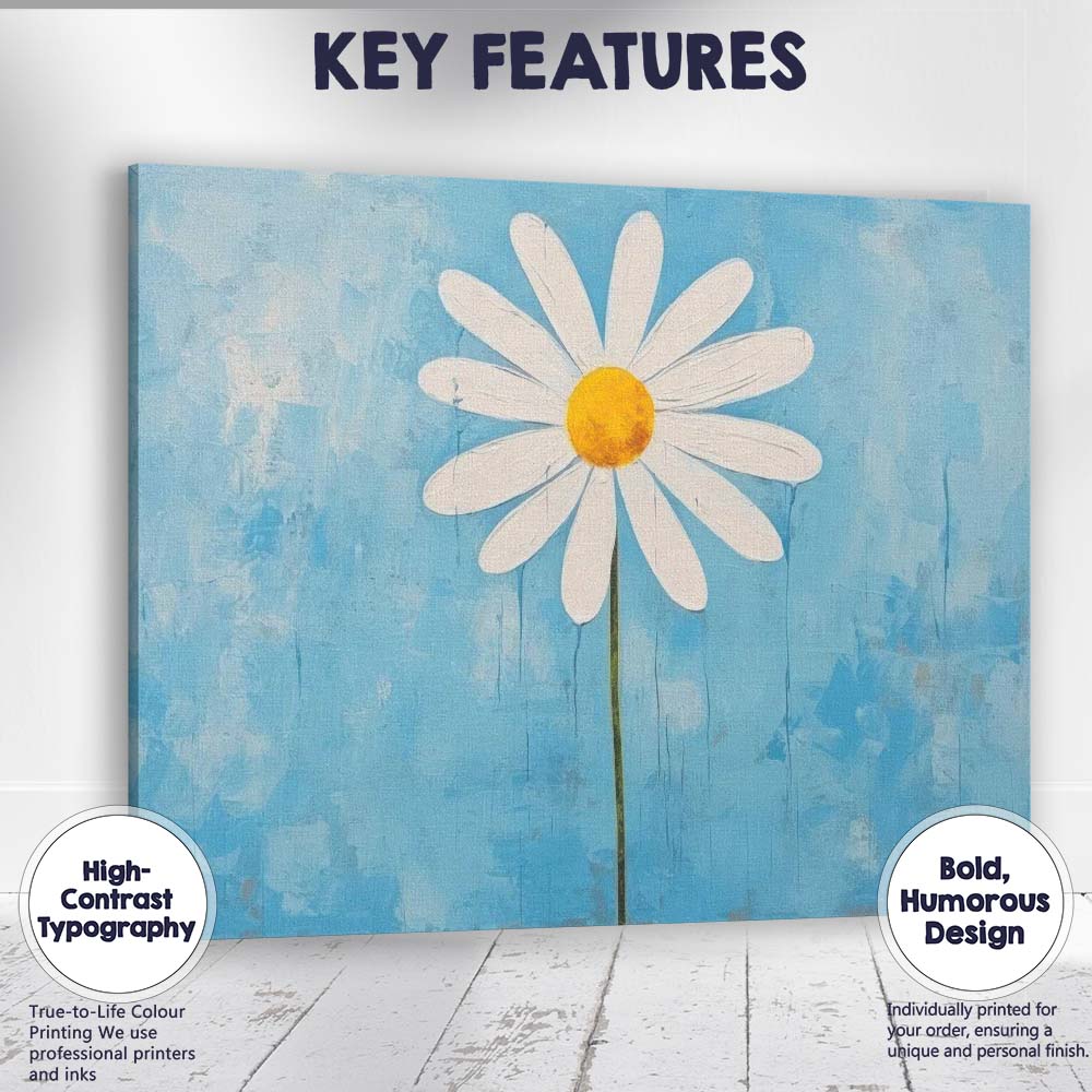 Minimalist White Daisy Sky Blue Textured Floral Canvas Wall Art Print Decor Picture Ready to Hang