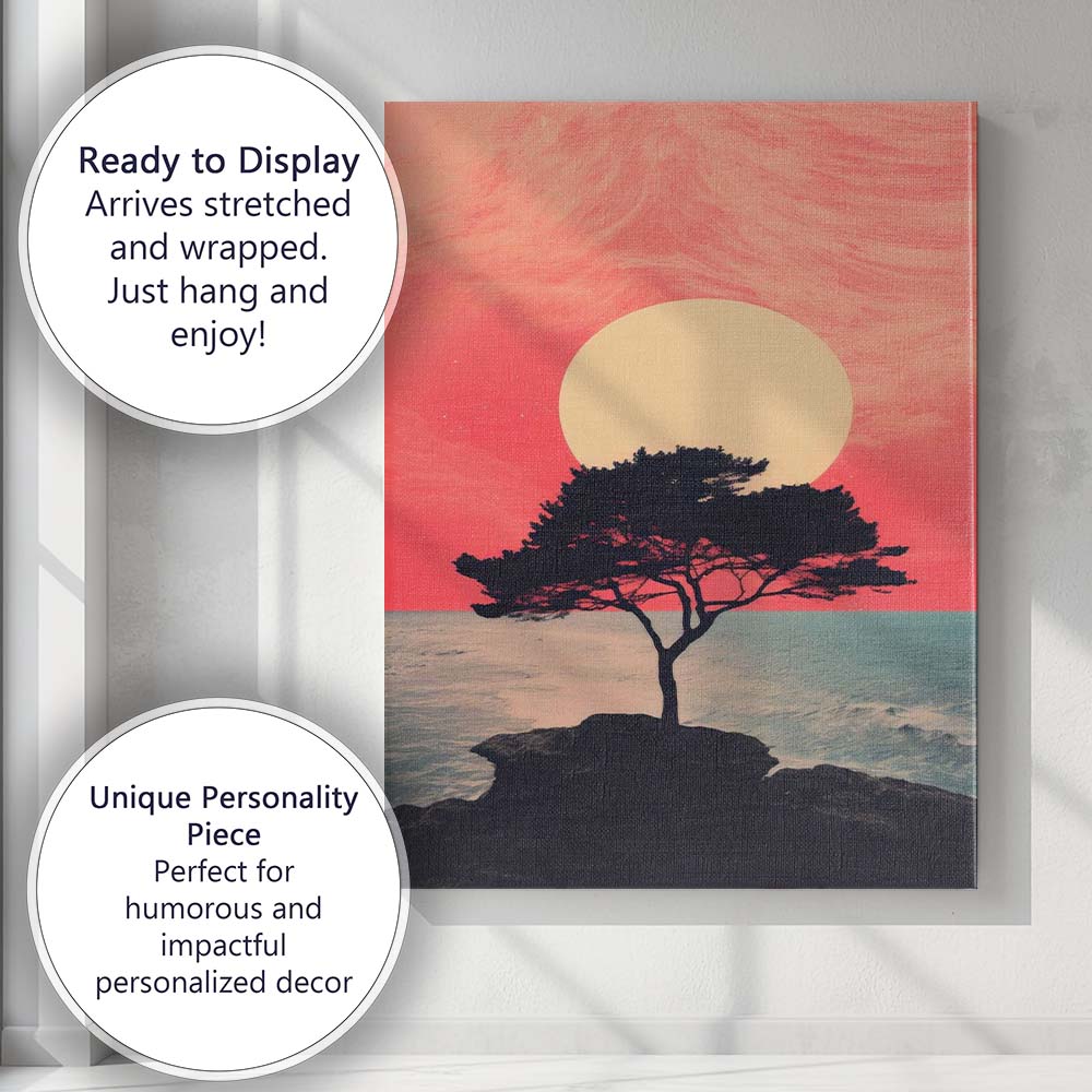 Solitary Coastal Tree Pink Sunset Seascape Landscape Canvas Wall Art Print Decor Picture Ready to Hang