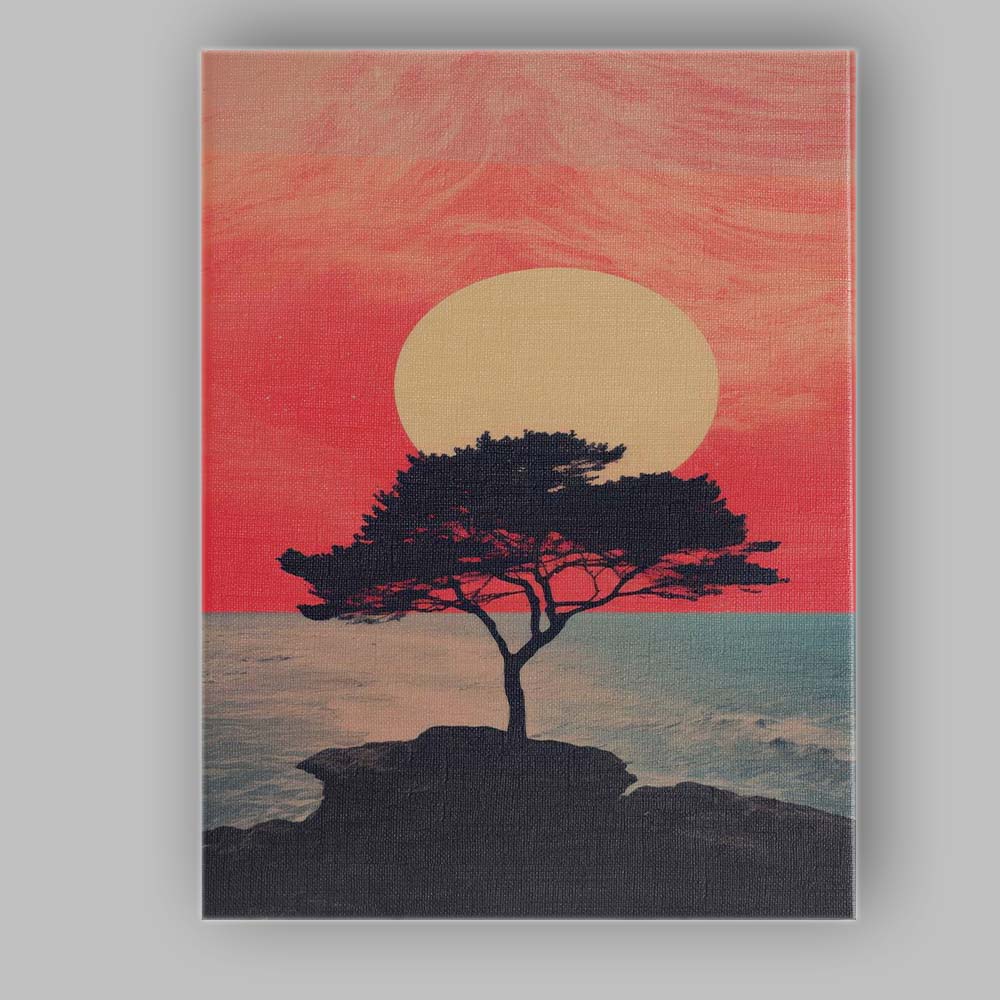 Solitary Coastal Tree Pink Sunset Seascape Landscape Canvas Wall Art Print Decor Picture Ready to Hang