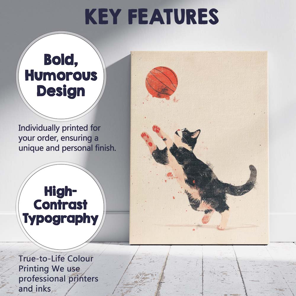 Playful Black And White Kitten Chasing Basketball Whimsical Animal Canvas Wall Art Print Decor Picture Ready to Hang