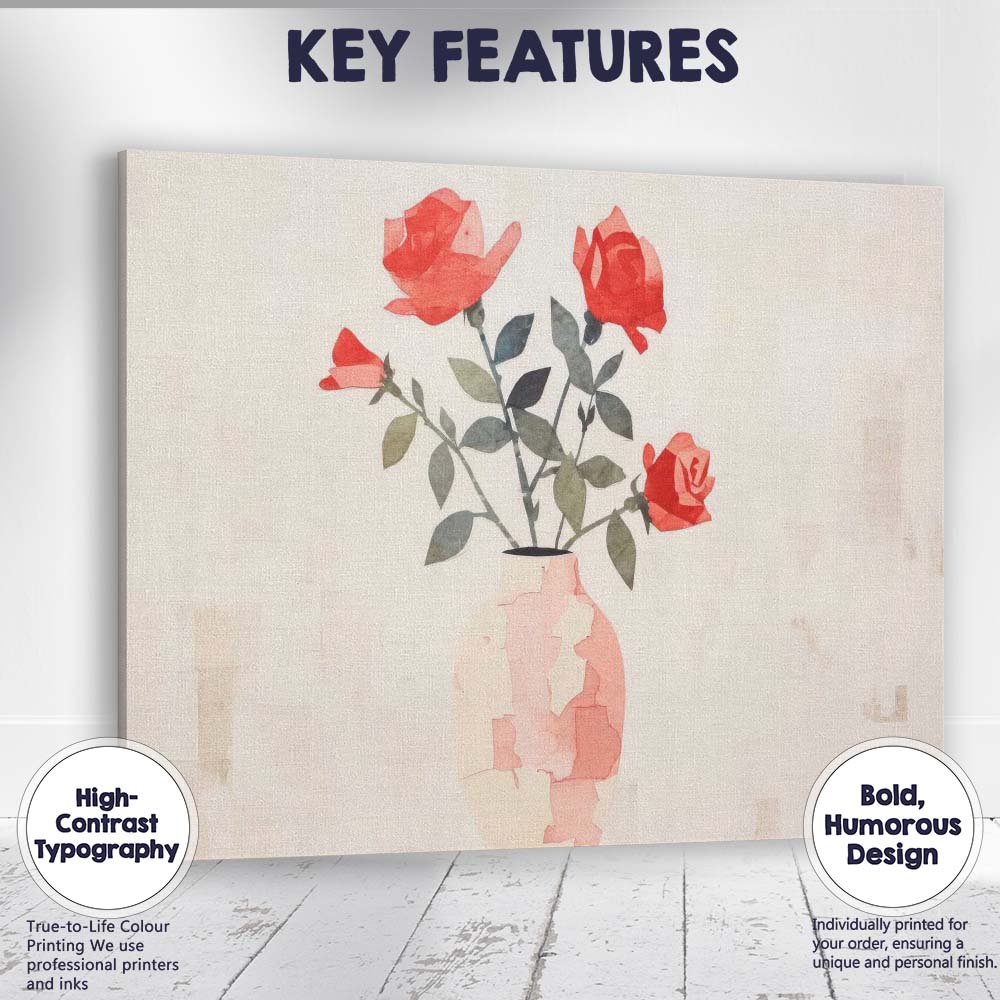 Minimalist Red Rose Bouquet Watercolour Floral Vase Canvas Wall Art Print Decor Picture Ready to Hang