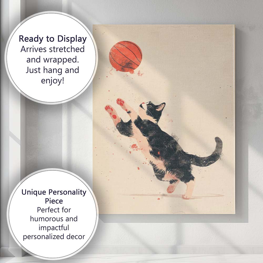 Playful Black And White Kitten Chasing Basketball Whimsical Animal Canvas Wall Art Print Decor Picture Ready to Hang