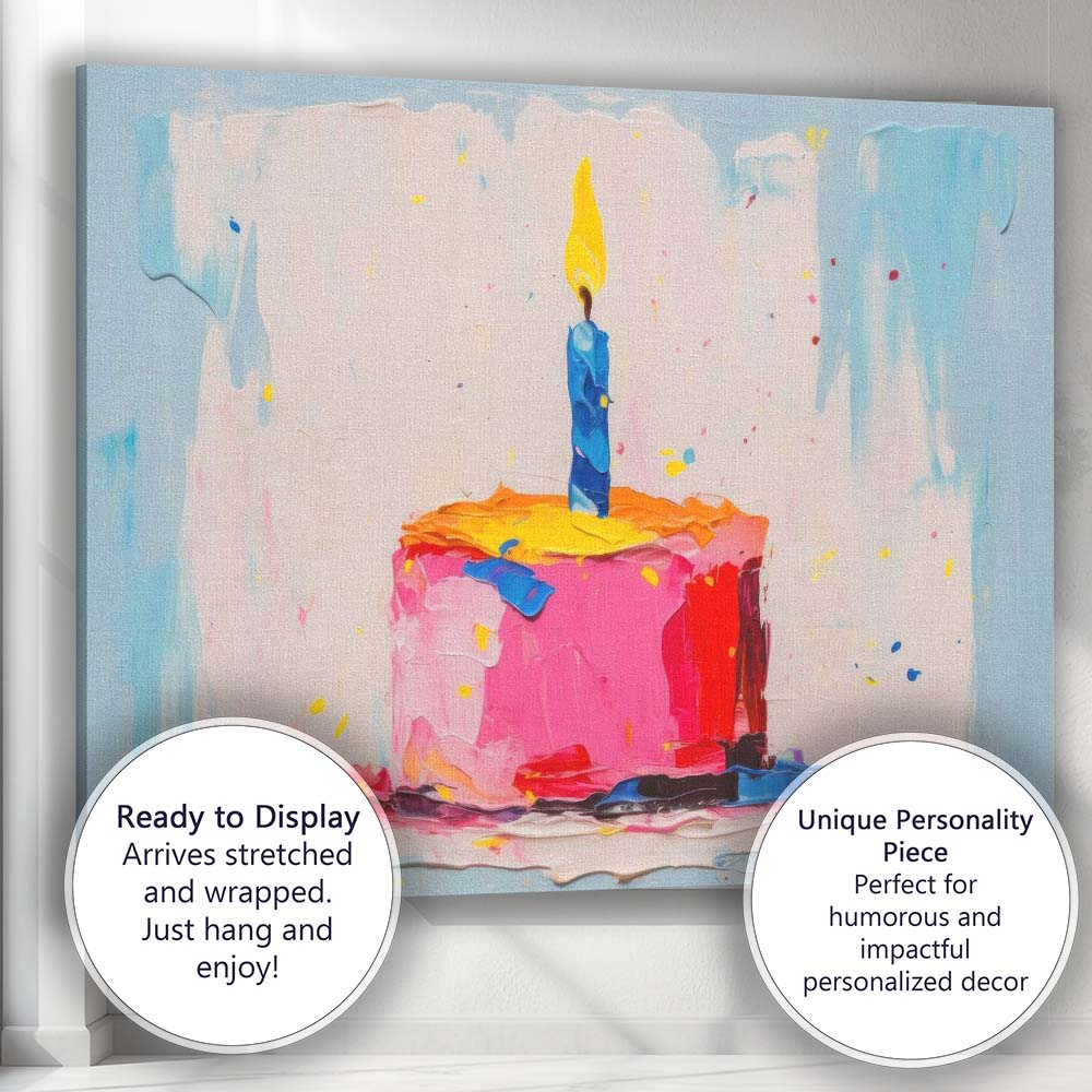 Colourful Birthday Cake Single Candle Textured Celebration Canvas Wall Art Print Decor Picture Ready to Hang