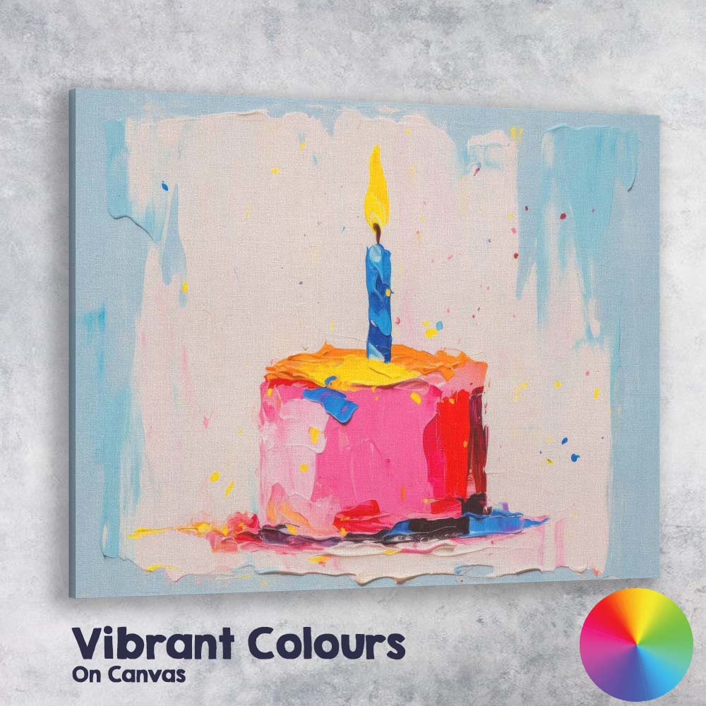Colourful Birthday Cake Single Candle Textured Celebration Canvas Wall Art Print Decor Picture Ready to Hang