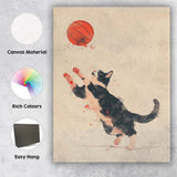 Playful Black And White Kitten Chasing Basketball Whimsical Animal Canvas Wall Art Print Decor Picture Ready to Hang