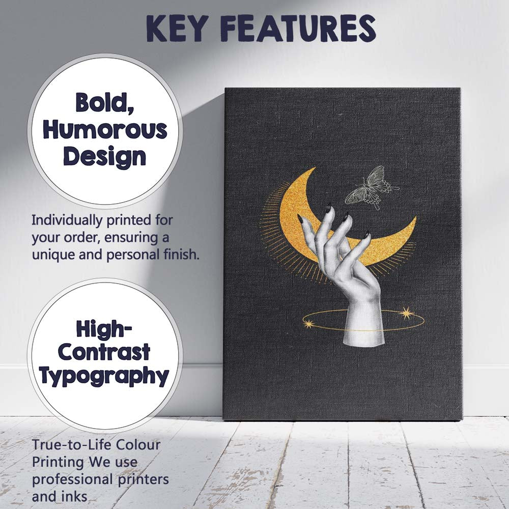 Mystical Golden Crescent Moon Butterfly Hand Celestial Canvas Wall Art Print Decor Picture Ready to Hang