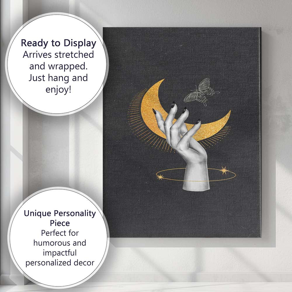 Mystical Golden Crescent Moon Butterfly Hand Celestial Canvas Wall Art Print Decor Picture Ready to Hang
