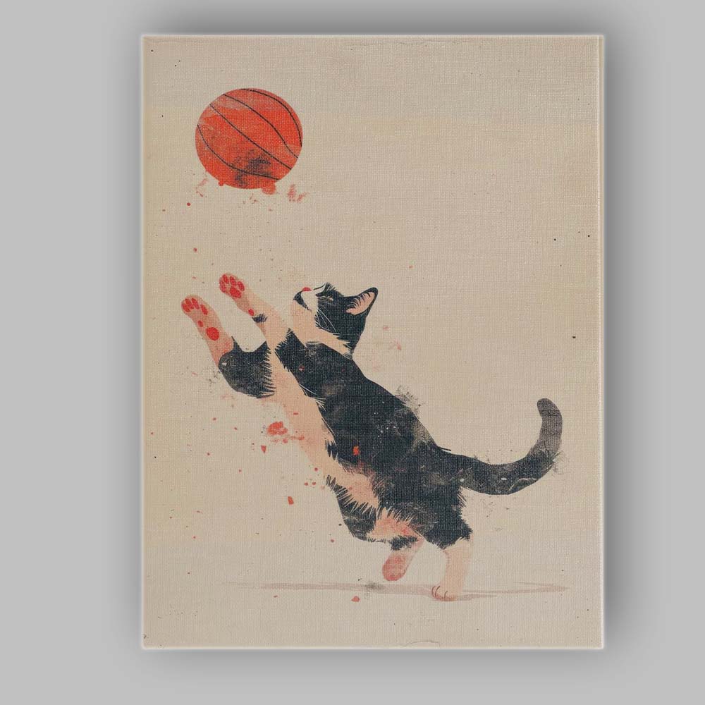Playful Black And White Kitten Chasing Basketball Whimsical Animal Canvas Wall Art Print Decor Picture Ready to Hang