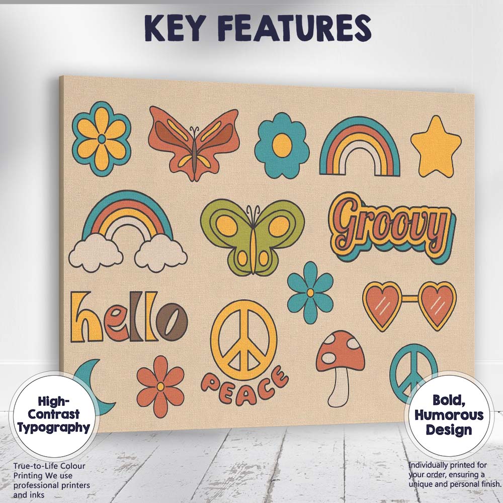 Retro Groovy Hippie Icons Rainbow Butterfly Peace Symbol Canvas Wall Art Print Decor Picture Ready to Hang