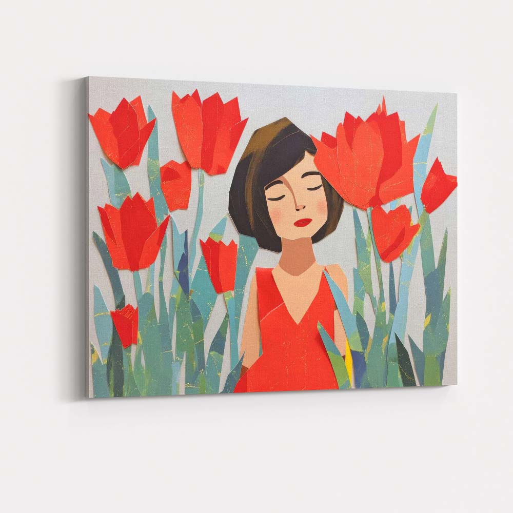 Elegant Woman Among Red Tulips Paper Collage Portrait Canvas Wall Art Print Decor Picture Ready to Hang