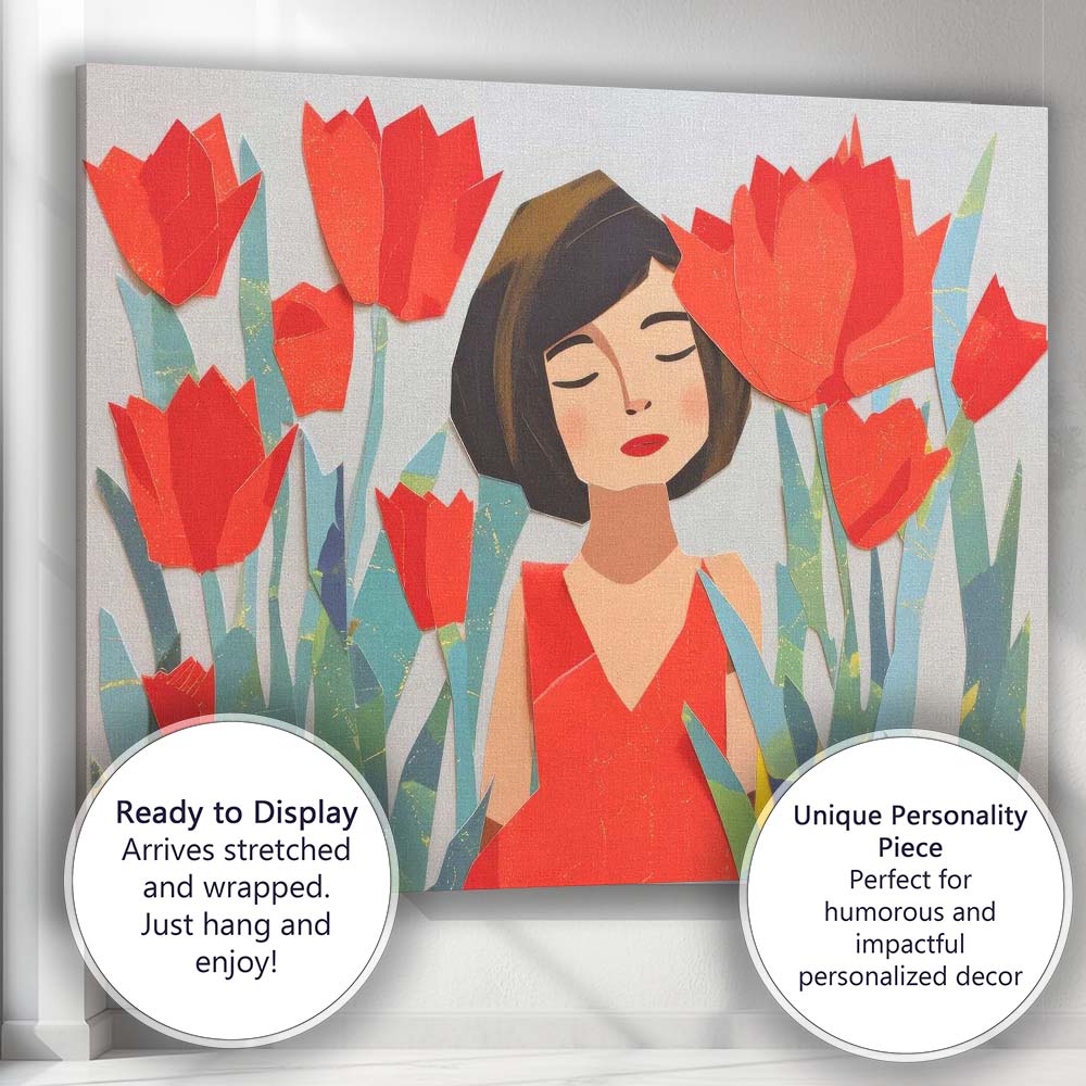 Elegant Woman Among Red Tulips Paper Collage Portrait Canvas Wall Art Print Decor Picture Ready to Hang