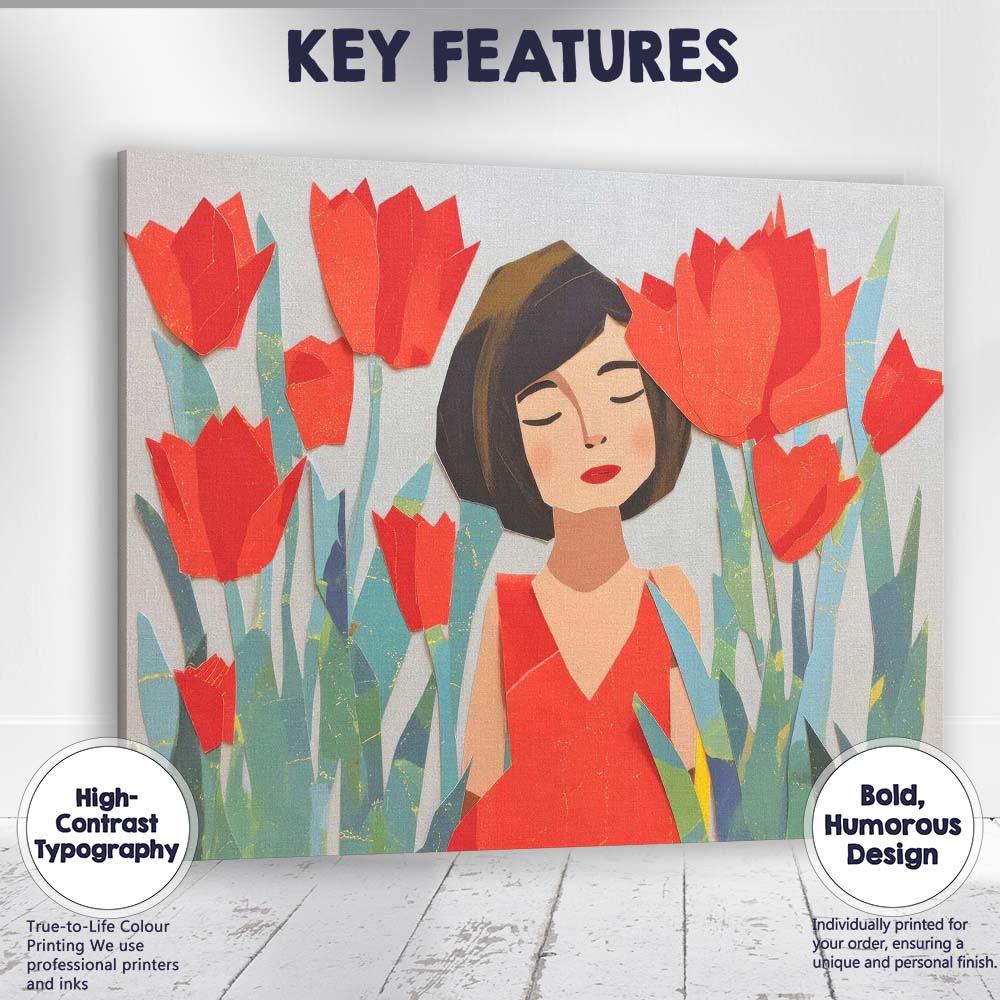 Elegant Woman Among Red Tulips Paper Collage Portrait Canvas Wall Art Print Decor Picture Ready to Hang
