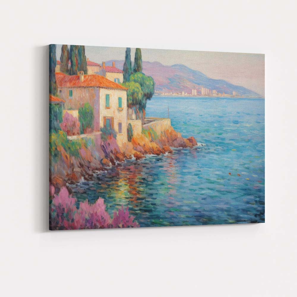 Coastal Mediterranean Villa Ocean View Impressionist Landscape Canvas Wall Art Print Decor Picture Ready to Hang