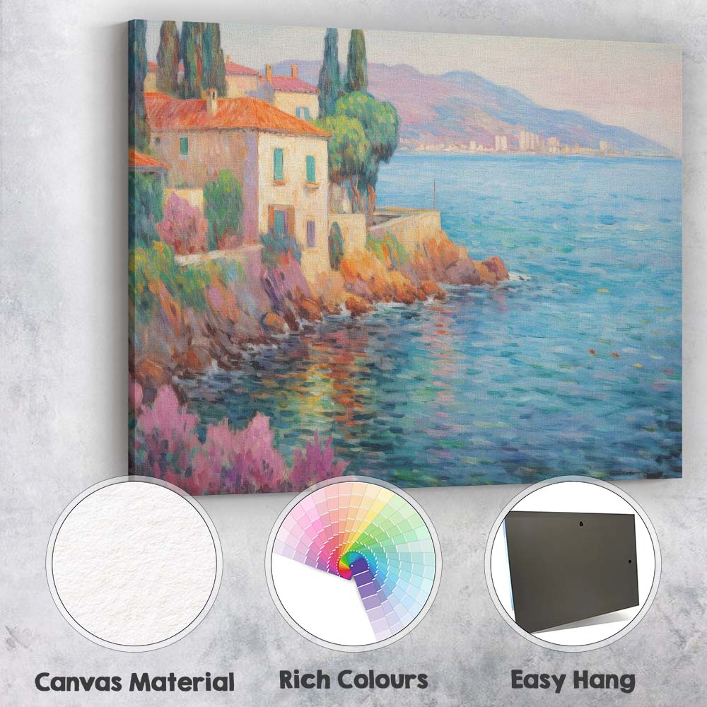 Coastal Mediterranean Villa Ocean View Impressionist Landscape Canvas Wall Art Print Decor Picture Ready to Hang