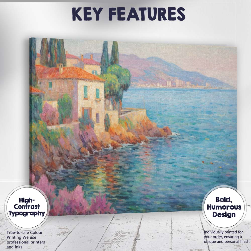 Coastal Mediterranean Villa Ocean View Impressionist Landscape Canvas Wall Art Print Decor Picture Ready to Hang