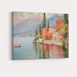 Peaceful Lakeside Italian Village Mountain Reflection Impressionist Canvas Wall Art Print Decor Picture Ready to Hang