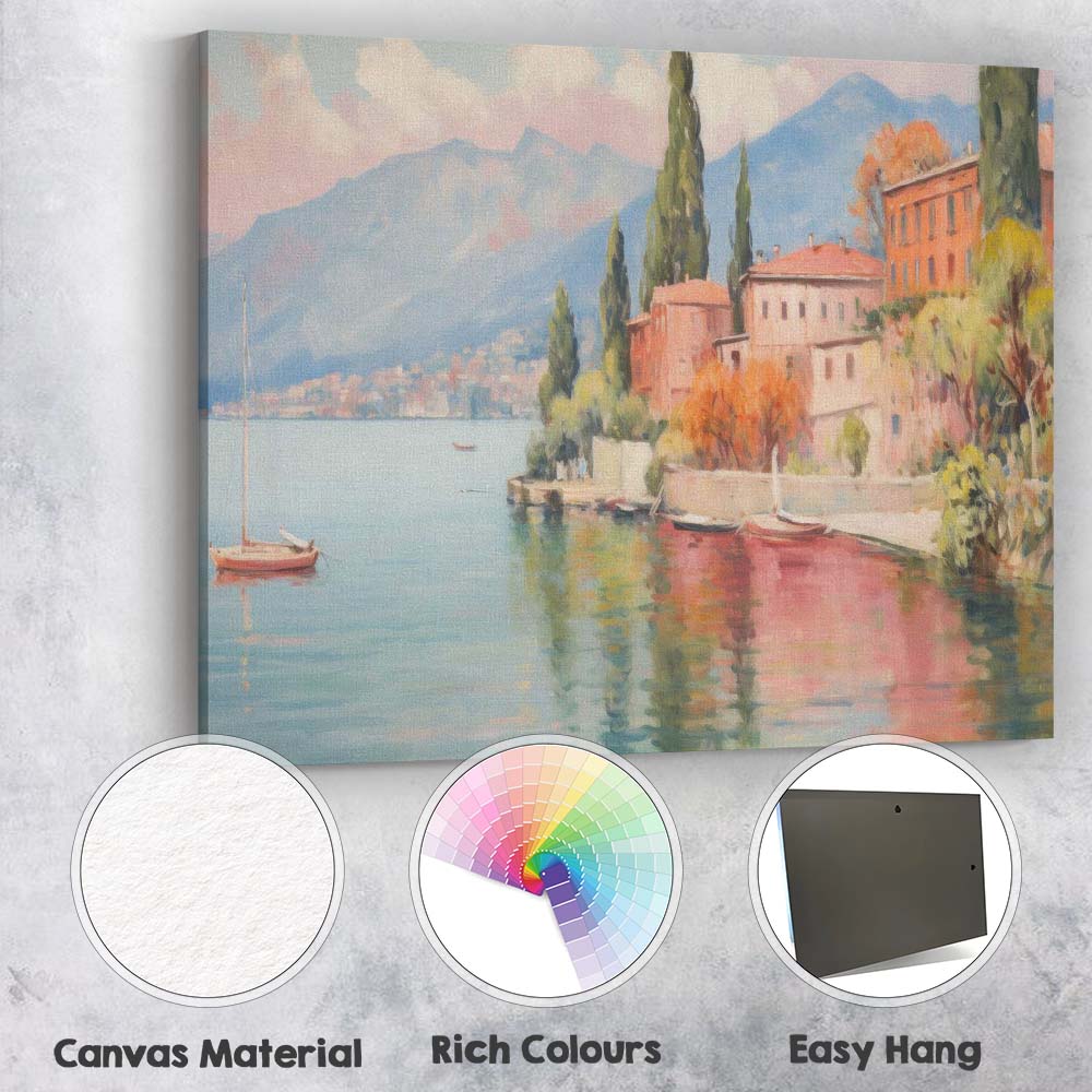 Peaceful Lakeside Italian Village Mountain Reflection Impressionist Canvas Wall Art Print Decor Picture Ready to Hang