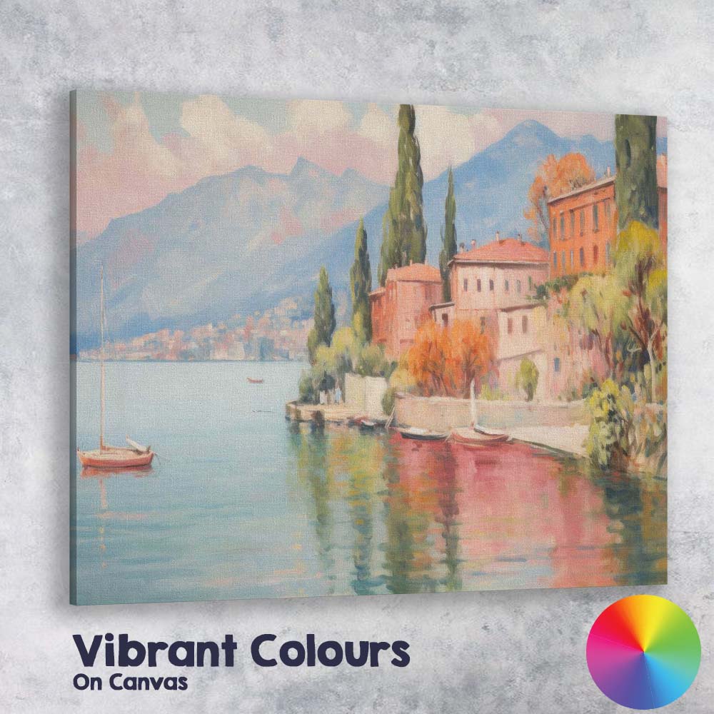 Peaceful Lakeside Italian Village Mountain Reflection Impressionist Canvas Wall Art Print Decor Picture Ready to Hang