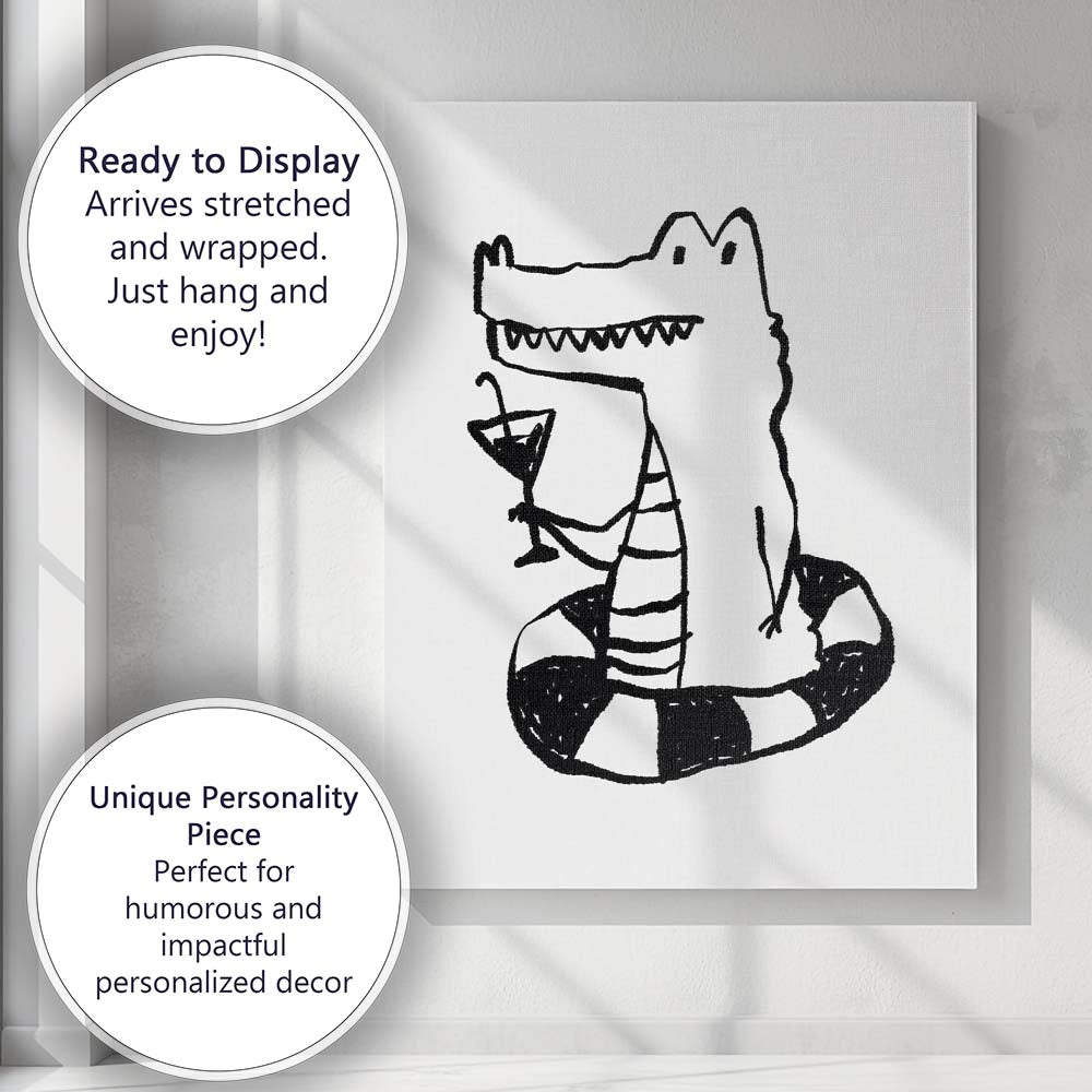 Minimalist Crocodile Cocktail Line Drawing Humorous Illustration Canvas Wall Art Print Decor Picture Ready to Hang