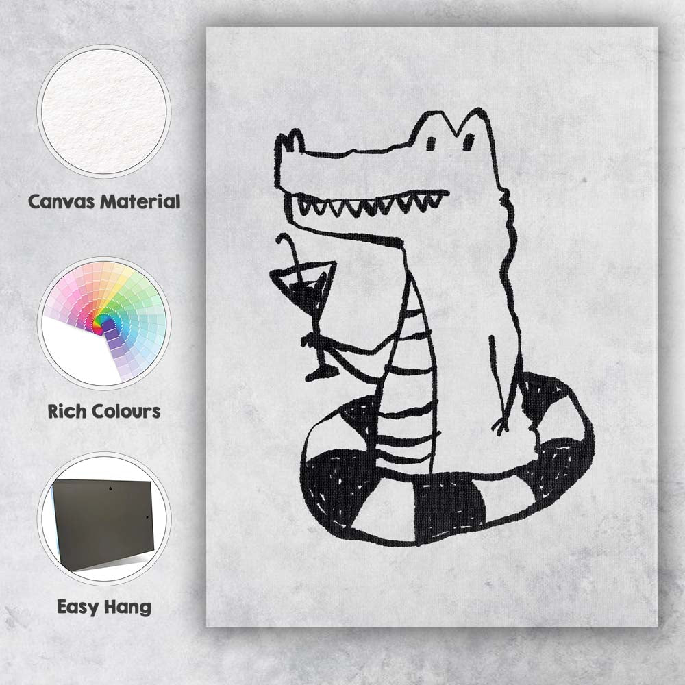 Minimalist Crocodile Cocktail Line Drawing Humorous Illustration Canvas Wall Art Print Decor Picture Ready to Hang