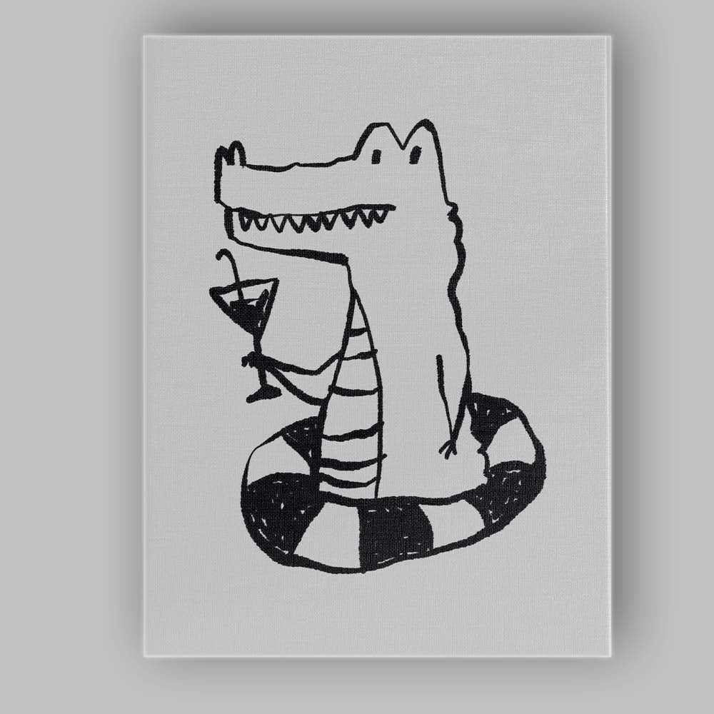 Minimalist Crocodile Cocktail Line Drawing Humorous Illustration Canvas Wall Art Print Decor Picture Ready to Hang