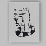 Minimalist Crocodile Cocktail Line Drawing Humorous Illustration Canvas Wall Art Print Decor Picture Ready to Hang