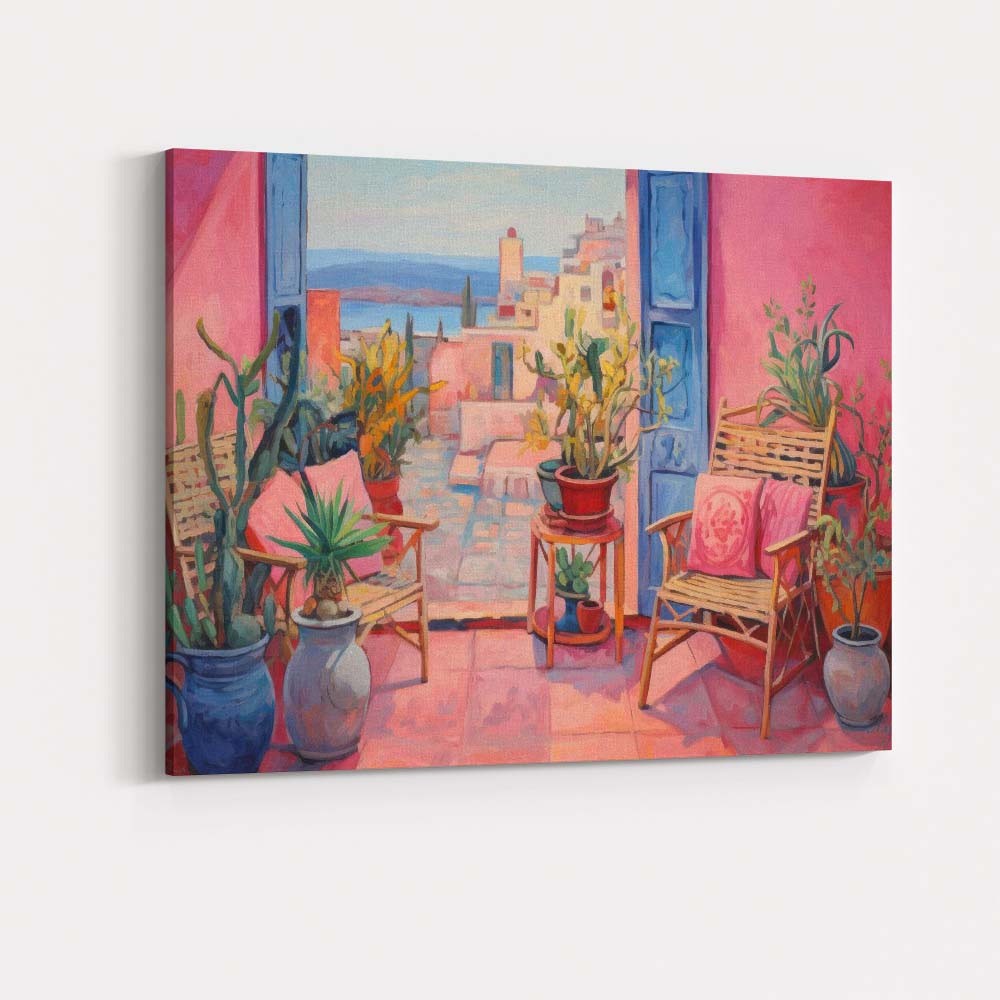 Bohemian Mediterranean Courtyard Interior Pink Blue Door Canvas Wall Art Print Decor Picture Ready to Hang