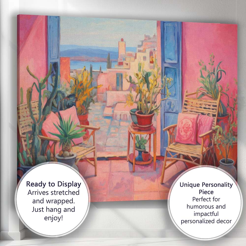 Bohemian Mediterranean Courtyard Interior Pink Blue Door Canvas Wall Art Print Decor Picture Ready to Hang