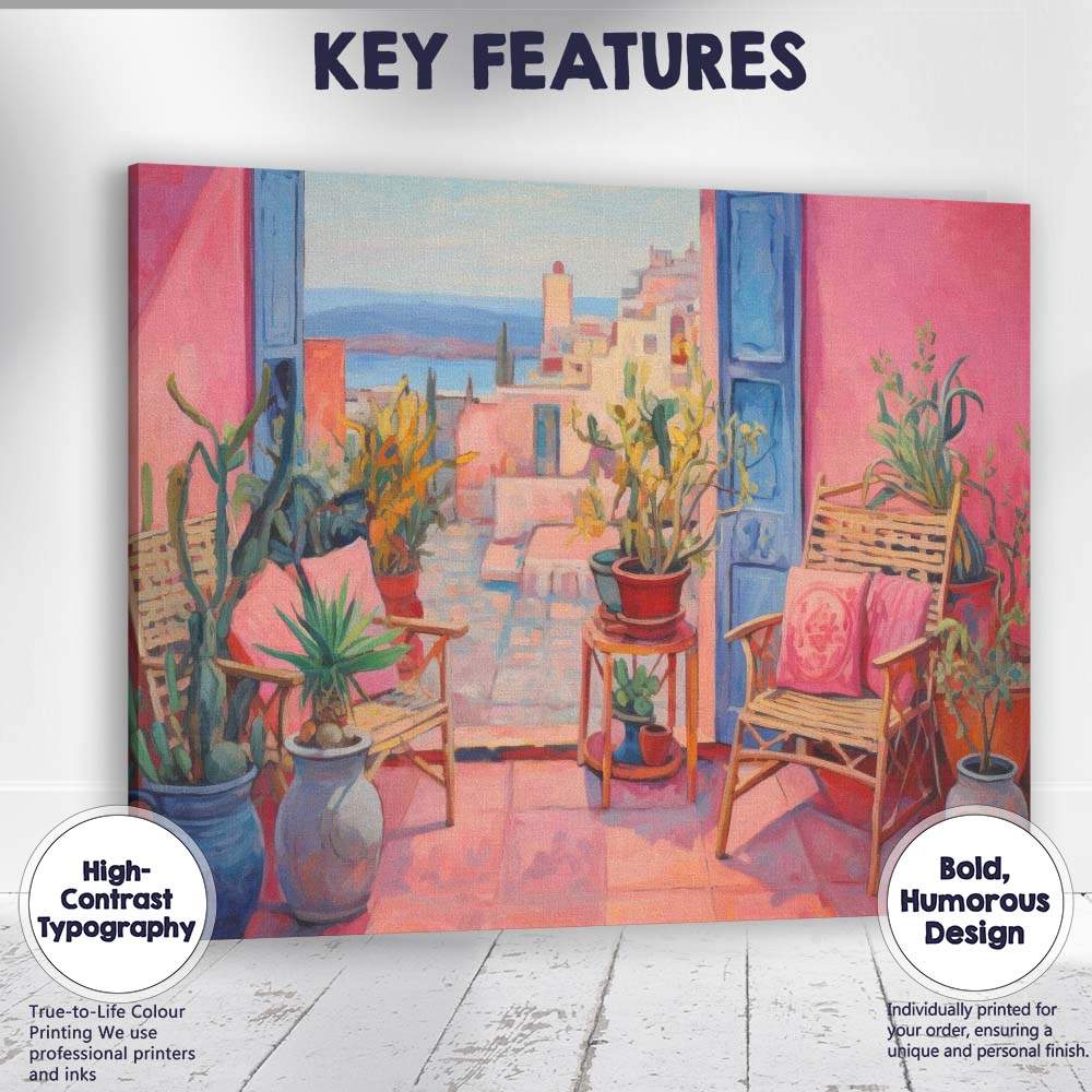 Bohemian Mediterranean Courtyard Interior Pink Blue Door Canvas Wall Art Print Decor Picture Ready to Hang