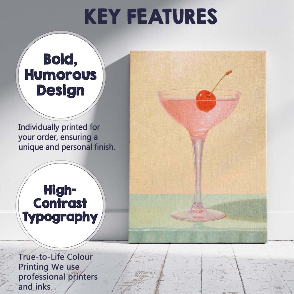 Minimalist Pink Cherry Cocktail Glass Still Life Canvas Wall Art Print Decor Picture Ready to Hang