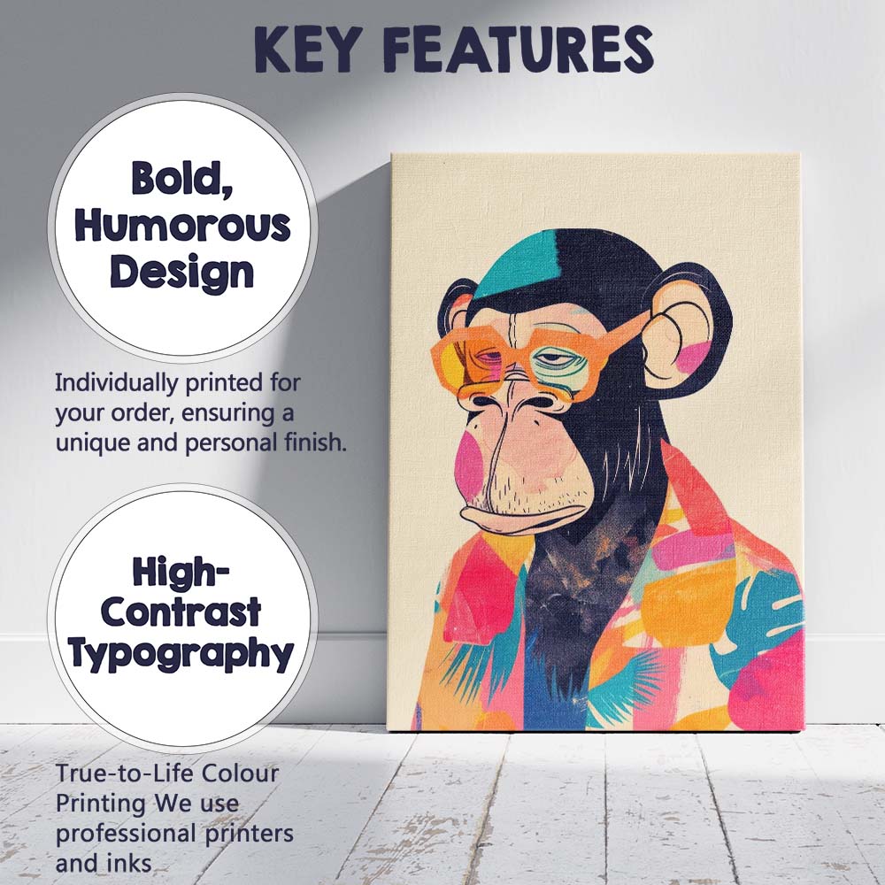 Fashionable Chimpanzee Wearing Colourful Glasses Modern Pop Art Portrait Canvas Wall Art Print Decor Picture Ready to Hang