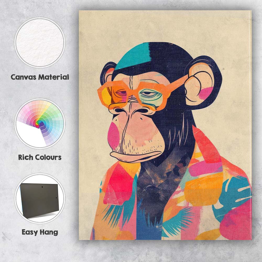Fashionable Chimpanzee Wearing Colourful Glasses Modern Pop Art Portrait Canvas Wall Art Print Decor Picture Ready to Hang