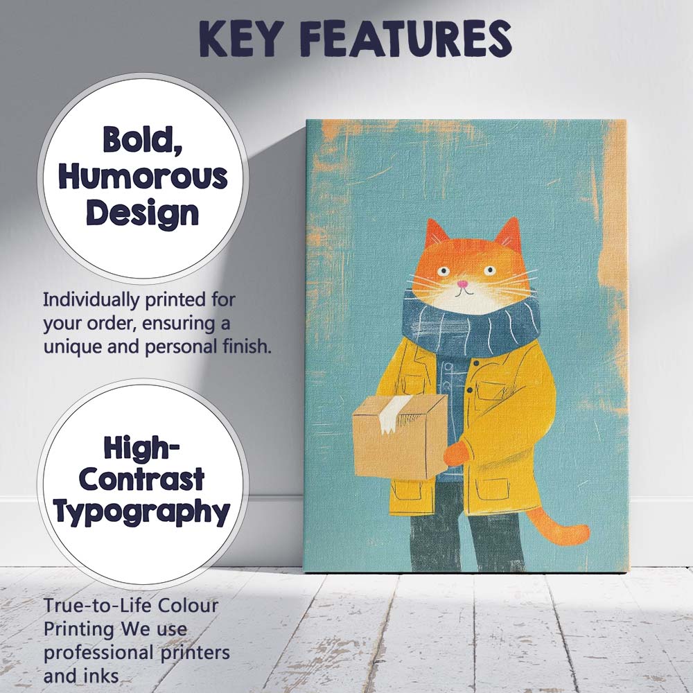 Cute Ginger Cat Holding Parcel Whimsical Delivery Animal Illustration Canvas Wall Art Print Decor Picture Ready to Hang