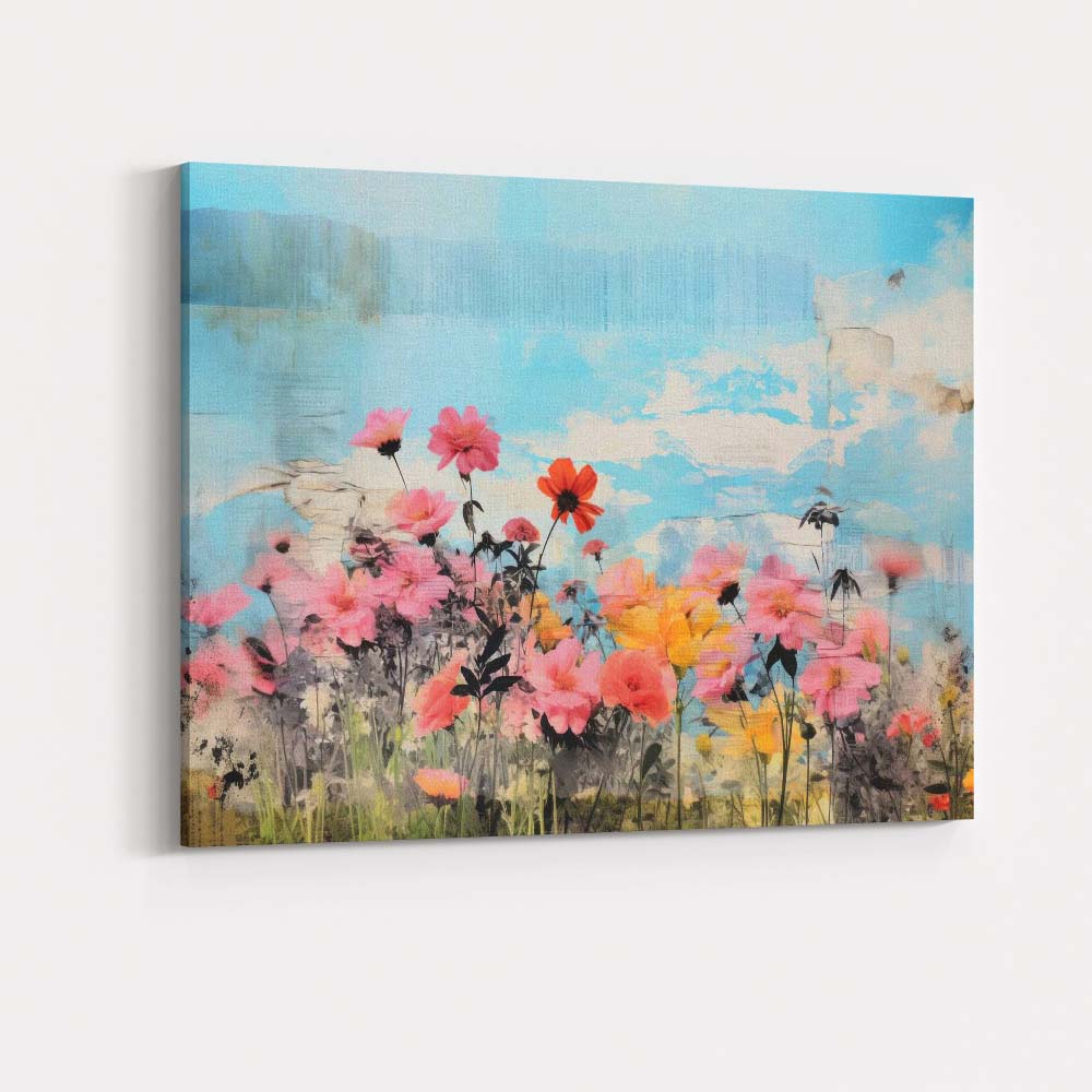 Dreamy Wildflower Meadow Blue Sky Mixed Media Canvas Wall Art Print Decor Picture Ready to Hang