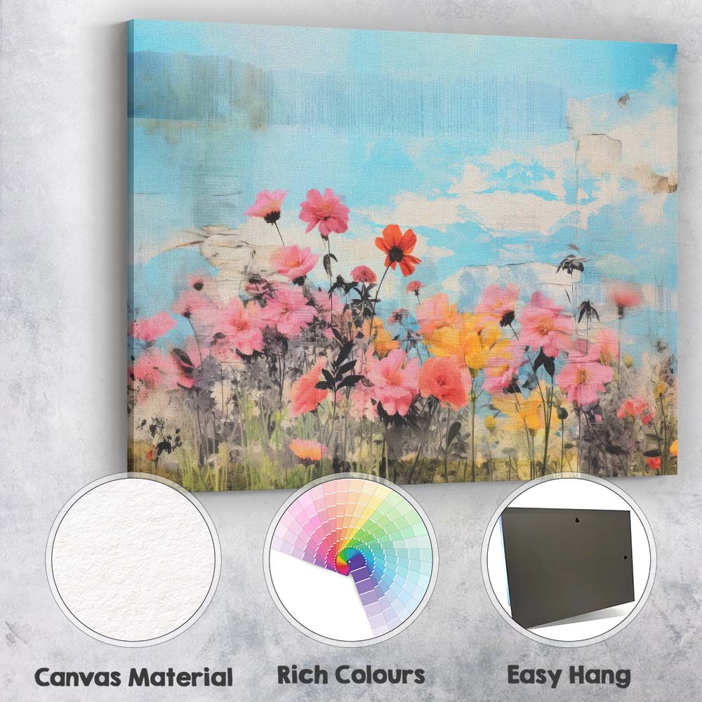 Dreamy Wildflower Meadow Blue Sky Mixed Media Canvas Wall Art Print Decor Picture Ready to Hang
