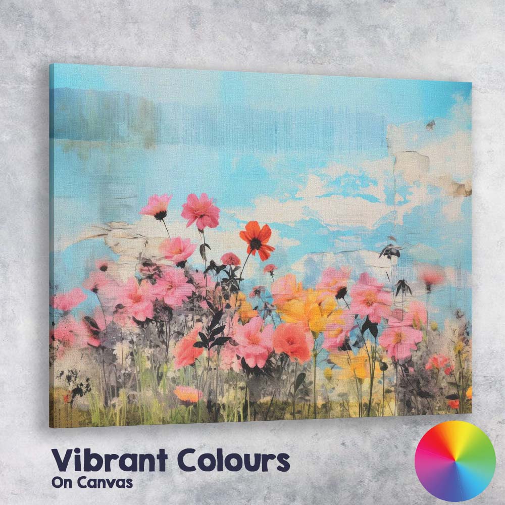 Dreamy Wildflower Meadow Blue Sky Mixed Media Canvas Wall Art Print Decor Picture Ready to Hang