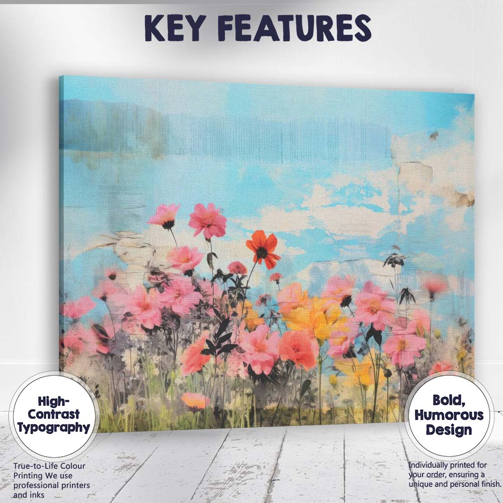 Dreamy Wildflower Meadow Blue Sky Mixed Media Canvas Wall Art Print Decor Picture Ready to Hang