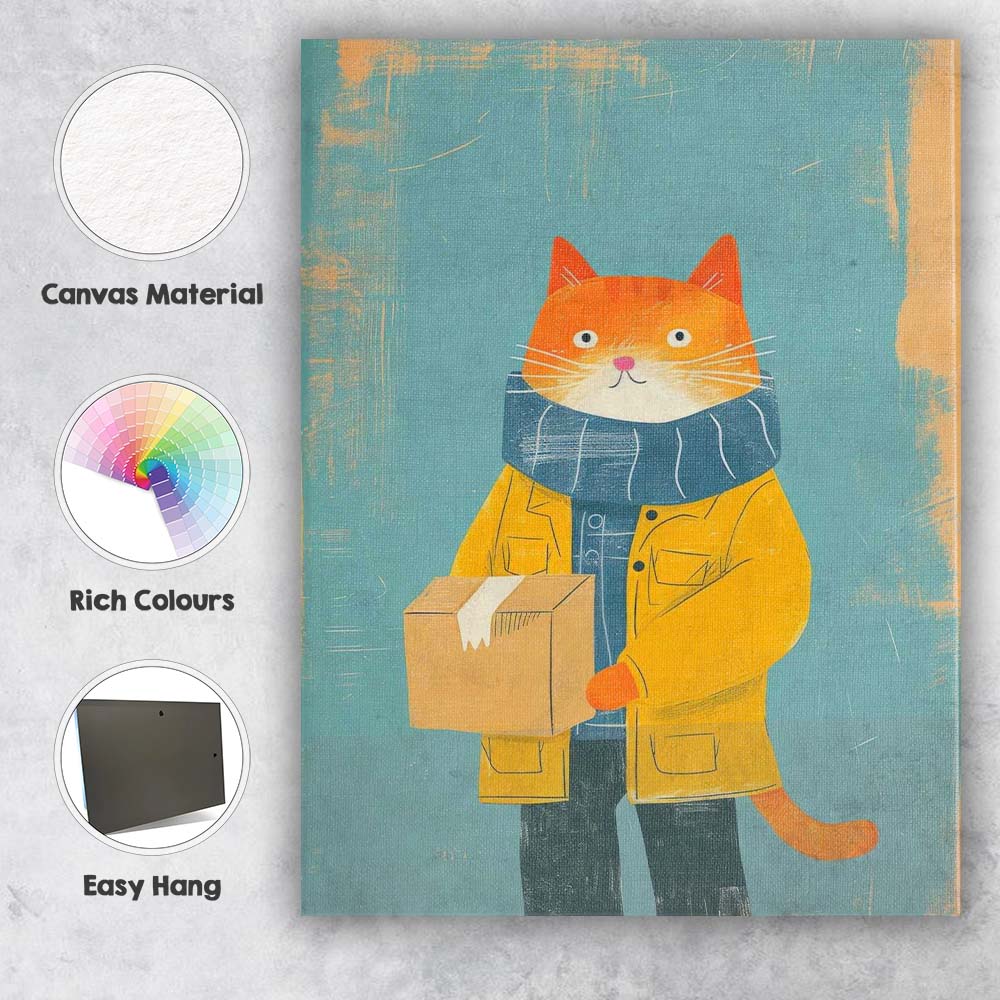 Cute Ginger Cat Holding Parcel Whimsical Delivery Animal Illustration Canvas Wall Art Print Decor Picture Ready to Hang