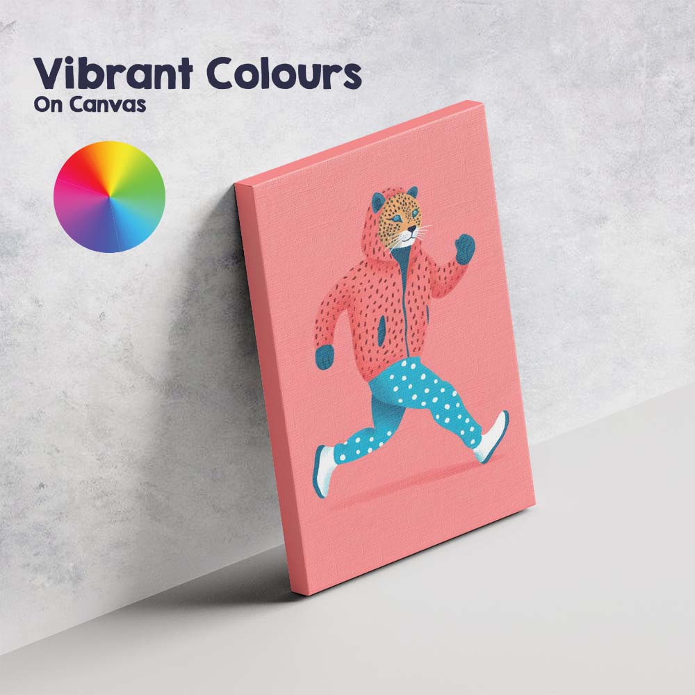 Stylish Running Leopard In Pink Hoodie Contemporary Animal Illustration Canvas Wall Art Print Decor Picture Ready to Hang