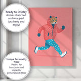 Stylish Running Leopard In Pink Hoodie Contemporary Animal Illustration Canvas Wall Art Print Decor Picture Ready to Hang