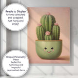 Cute Smiling Cactus Succulent with Pink Blossoms Kawaii Botanical Canvas Wall Art Print Decor Picture Ready to Hang