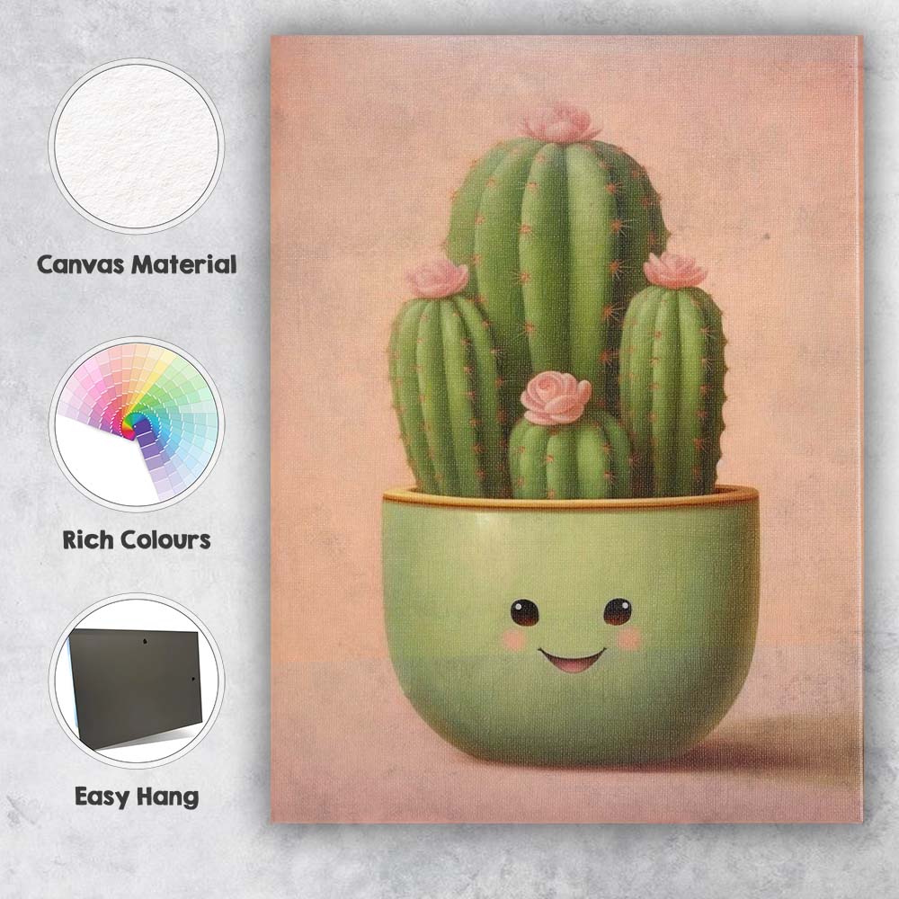 Cute Smiling Cactus Succulent with Pink Blossoms Kawaii Botanical Canvas Wall Art Print Decor Picture Ready to Hang