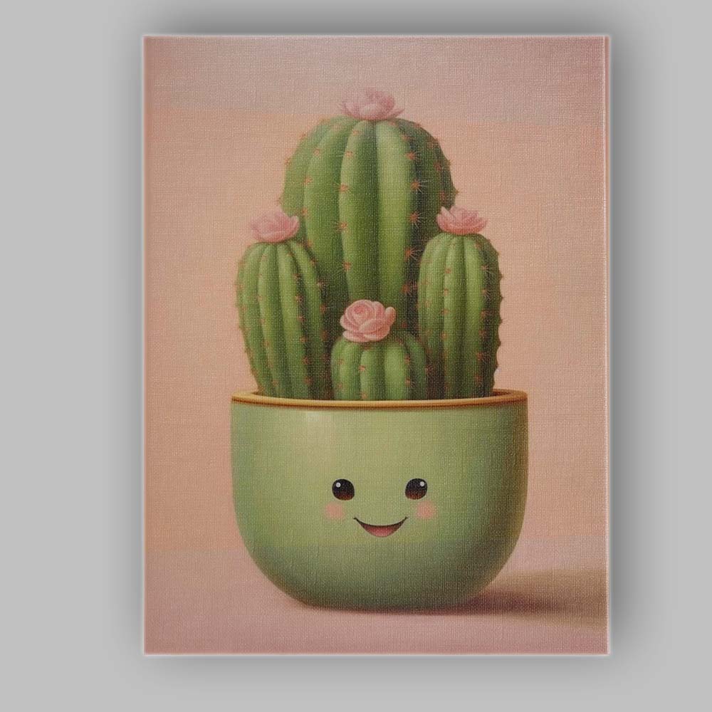 Cute Smiling Cactus Succulent with Pink Blossoms Kawaii Botanical Canvas Wall Art Print Decor Picture Ready to Hang
