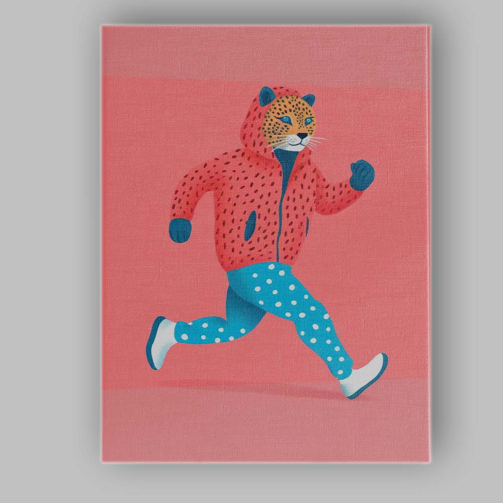 Stylish Running Leopard In Pink Hoodie Contemporary Animal Illustration Canvas Wall Art Print Decor Picture Ready to Hang