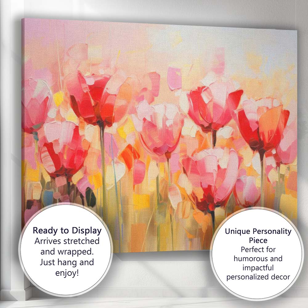 Vibrant Pink Tulip Field Abstract Floral Painting Canvas Wall Art Print Decor Picture Ready to Hang