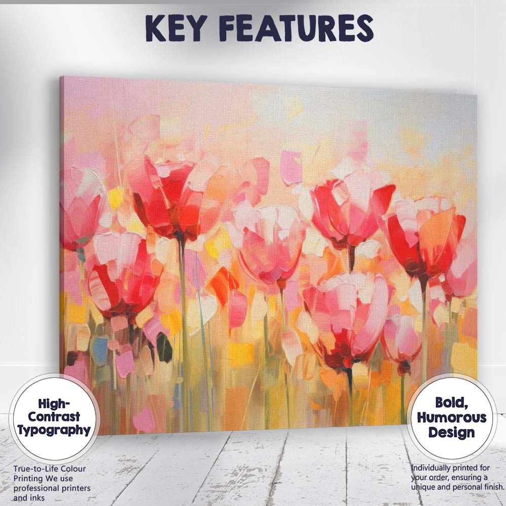 Vibrant Pink Tulip Field Abstract Floral Painting Canvas Wall Art Print Decor Picture Ready to Hang