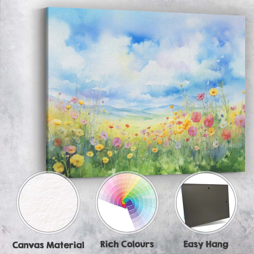 Soft Watercolour Wildflower Meadow Blue Sky Landscape Canvas Wall Art Print Decor Picture Ready to Hang