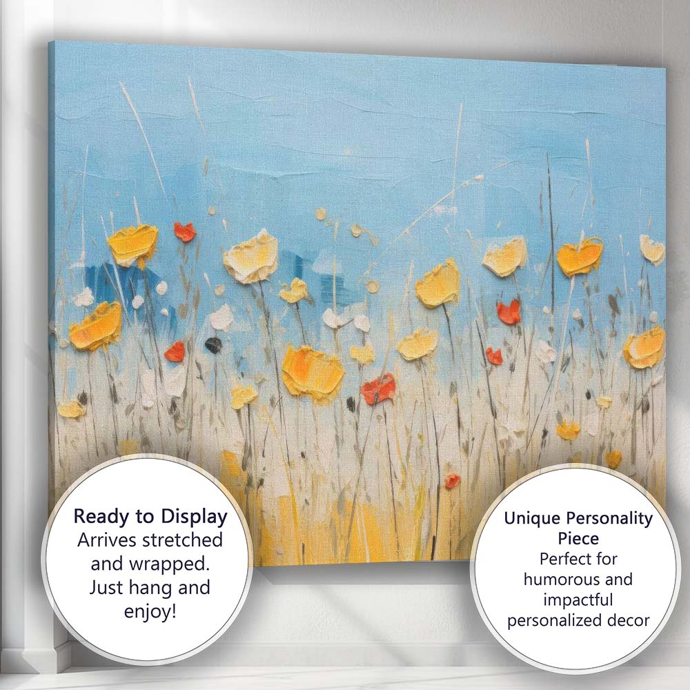 Blue and Gold Wildflower Meadow Textured Abstract Canvas Wall Art Print Decor Picture Ready to Hang
